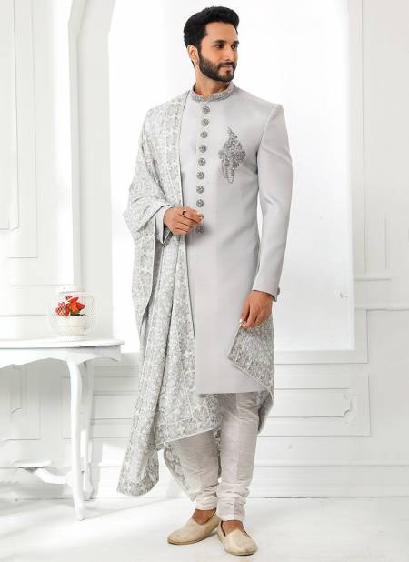 Gray Colour Designer Wedding Wear Art Silk Sherwani Collection 1756
